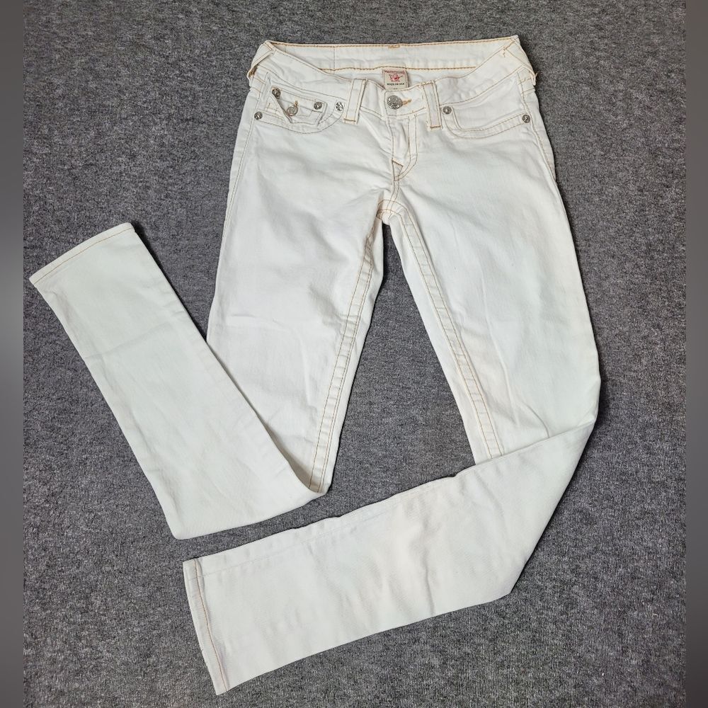 Vtg True Religion Womens 28×33 Skinny Jeans Flap Pockets Thick Stitch Low Raise